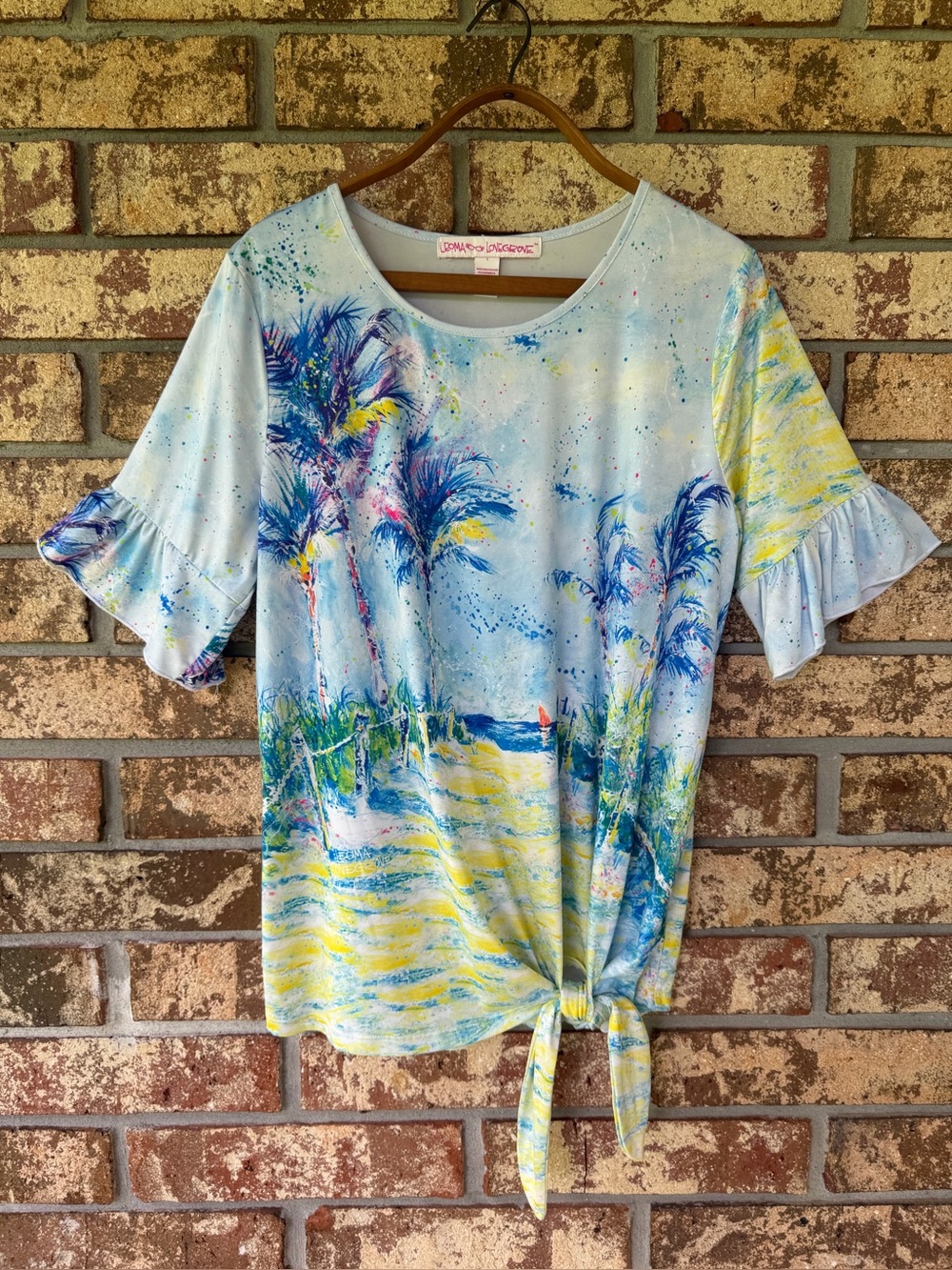 Leoma Lovegrove Palm Tree Print Frilled Sleeve Tie Waist Top Women’s Size Large